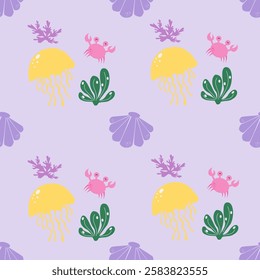 Sea animals seamless pattern background. Marine animals illustration pattern. Sea life background. Perfect for fashion clothes, shirt, fabrics, textiles, wallpaper, decor, print, packaging