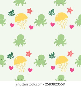 Sea animals seamless pattern background. Marine animals illustration pattern. Sea life background. Perfect for fashion clothes, shirt, fabrics, textiles, wallpaper, decor, print, packaging