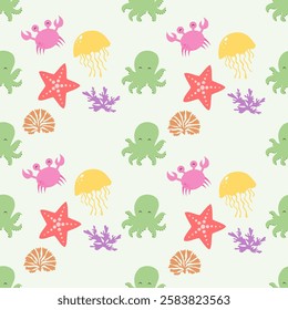 Sea animals seamless pattern background. Marine animals illustration pattern. Sea life background. Perfect for fashion clothes, shirt, fabrics, textiles, wallpaper, decor, print, packaging