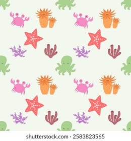 Sea animals seamless pattern background. Marine animals illustration pattern. Sea life background. Perfect for fashion clothes, shirt, fabrics, textiles, wallpaper, decor, print, packaging