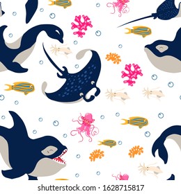 sea animals seamless pattern, cartoon style vector