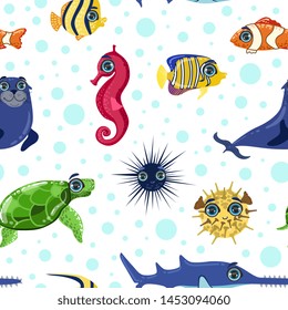 Sea Animals Seamless Pattern, Colorful Underwater Marine Creatures, Design Element Can Be Used for Wallpaper, Packaging, Background Vector Illustration
