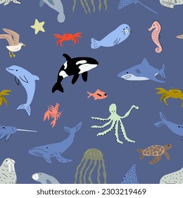Sea animals seamless pattern. Cute aquatic fish, turtle, whale, narwhal, dolphin, octopus, starfish, crab, jellyfish, seal and other. Kids vector background.