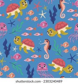 Sea animals seamless pattern. Cute seahorses and sea turtles swimming in the sea with jellyfish, seaweed and fish. Isolated elements on blue background. Hand-drawn vector illustration.