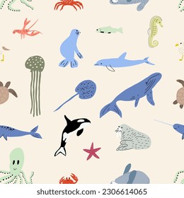 Sea animals seamless pattern. Cute aquatic fish, turtle, whale, narwhal, dolphin, octopus, starfish, crab, jellyfish, seal and other. Kids vector background.