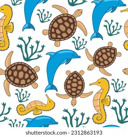 Sea animals seamless pattern. Cute aquatic turtle, seahorse and dolphin.