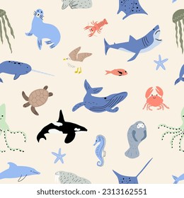 Sea animals seamless pattern. Cute aquatic fish, turtle, whale, narwhal, dolphin, octopus, starfish, crab, jellyfish, seal and other. Kids vector background.