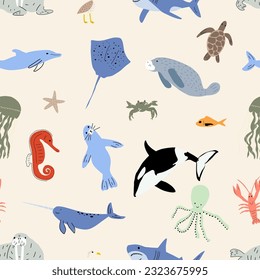 Sea animals seamless pattern. Cute aquatic fish, turtle, whale, narwhal, dolphin, octopus, starfish, crab, jellyfish, seal and other. Kids vector background.