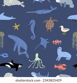 Sea animals seamless pattern. Cute aquatic fish, turtle, whale, narwhal, dolphin, octopus, starfish, crab, jellyfish, seal and other. Kids vector background.