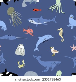 Patrón transparente de los animales marinos. Pescado acuático, tortuga, ballena, narwhal, delfín, pulpo, pez estrella, cangrejo, medusa, foca y otros. Fondo vectorial infantil.