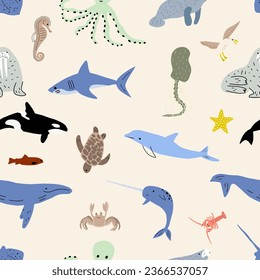 Patrón transparente de los animales marinos. Pescado acuático, tortuga, ballena, narwhal, delfín, pulpo, pez estrella, cangrejo, medusa, foca y otros. Fondo vectorial infantil.