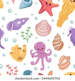Sea animals. Seamless pattern of hand-drawn sea life creatures and elements. Vector doodle cartoon set of marine life objects. Flat illustration on white background. Collection for stickers.