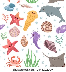 Animales marinos. Patrón sin fisuras de criaturas y Elementos marinos dibujados a mano. Vector doodle conjunto de dibujos animados de objetos de vida marina. Ilustración plana sobre fondo blanco. Colección para pegatinas.