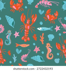 Patrón inconsútil de los animales del mar para los niños en el fondo verde