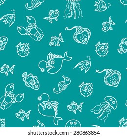 Sea animals seamless pattern line on blue background