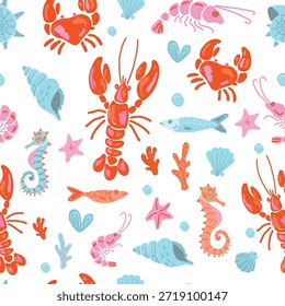 Sea animals seamless pattern on white background. Perfect for kids textiles or summer wrapping paper.