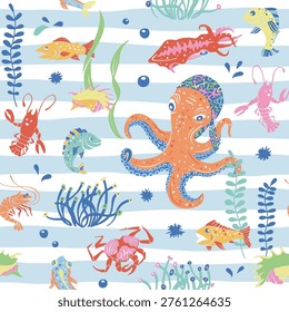 Sea animals seamless pattern on navy stripe background including octopus, fish, squid, crab, shrimp, oyster, urchin, mollusk, seashell, crawfish, coral, seaweed and water bubbles 