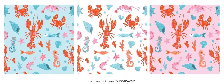 Padrão sem emenda de animais marinhos definido com lagosta, peixe, conchas e cavalo-marinho. Desenhos de vida marinha desenhados à mão em estilo ingênuo.