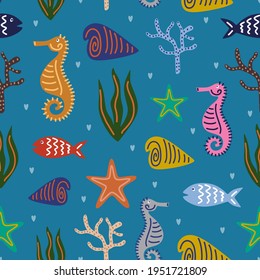 Sea animals seamless pattern. Undersea world such as starfish, sea shells, sea horses, seaweed, coral reefs, colorful minnows and other inhabitants. Vector illustration isolated on blue background