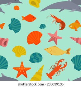 Sea animals seamless pattern. Vector flat style. Vector illustration 