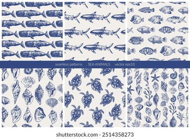 Patrones sin fisuras de animales marinos en color azul marino profundo sobre fondo claro. Conchas marinas, ballenas, estrellas de mar, peces de coral, tiburones, tortugas marinas.