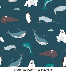 Sea animals seamless vector hand drawn pattern