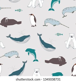 Sea animals seamless vector hand drawn pattern