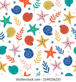 Sea animals seamless vector pattern. Bright nautilus shells, starfish, colorful algae on the seabed. Cute underwater clams, flat cartoon style. Summer ocean background for decoration, design