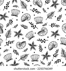 Sea animals seamless vector pattern. Black and white nautilus shells, scallops, starfish, algae on the seabed. Cute underwater clams, simple doodle. Summer ocean background for decoration, wallpaper
