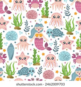 Sea animals seamless vector pattern. Ocean creatures - little mermaid, funny jellyfish, reef octopus, crab, turtle. Wild life on the seabed - starfish, corals, seaweed, shells. Hand drawn background