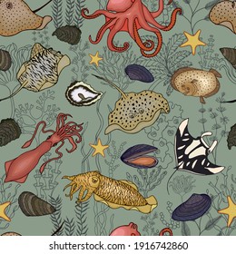 Sea animals and seaweed seamless pattern. Vector stock illustration eps10. 