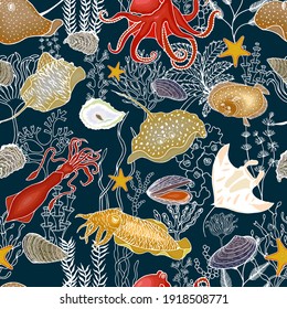 Sea animals and seaweed seamless pattern. Vector stock illustration eps10