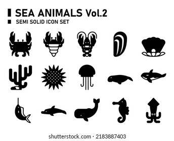 Sea animals semi solid icon set. Sea animals icon.