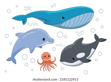 Sea animals set. Collection of representatives of marine and underwater world. Whale, shark, dolphin and octopus. Cute ocean mammals. Cartoon flat vector illustrations isolated on white background