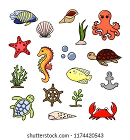 Sea animals set. Cute hand drawn illustration vector. White background.