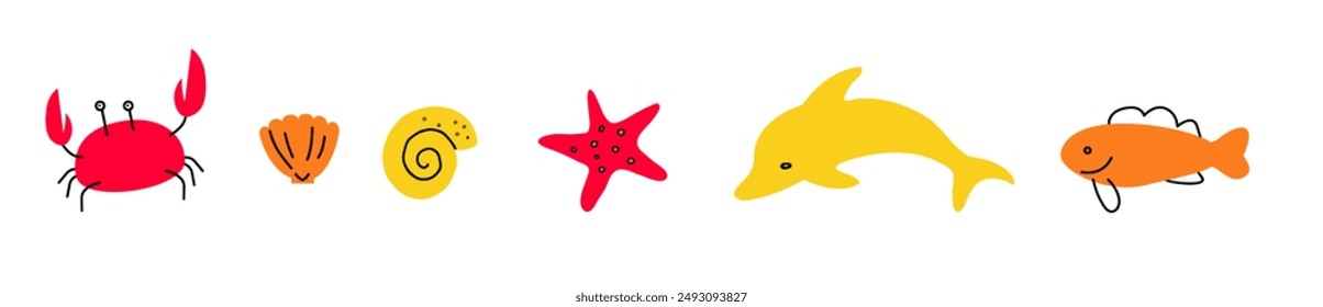 Sea animals set. Dolphin, seashells, starfish, fish, crab icons. underwater Sign isolated on white background. Sea life symbol. sea Ocean aquatic animal Vector illustration 