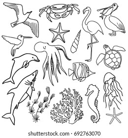 Sea animals set. Doodle vector illustration.