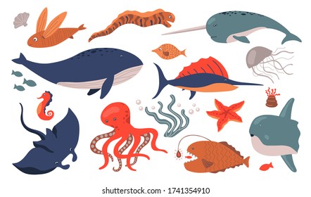 Sea animals set. Fish, whale, jellyfish, octopus, starfish, sword fish. Flat vector illustrations for ocean, underwater life, seafood, fishing concept