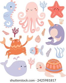 Sea animals, Set with hand drawn sea elements
