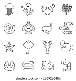 Sea animals set icons in black color (jellyfish, octopus, crab, coral, shell, turtle, whale, fish, starfish, stingray, lobster, sea devil, pearl, eel, shark, shrimp)