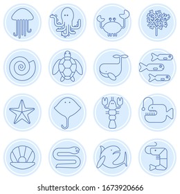 Sea animals set icons in blue color (jellyfish, octopus, crab, coral, shell, turtle, whale, fish, starfish, stingray, lobster, sea devil, pearl, eel, shark, shrimp)