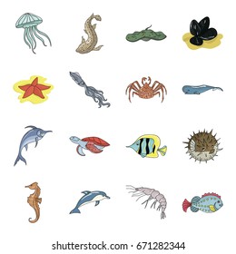 Sea animals set icons in cartoon style. Big collection of sea animals vector symbol stock illustration