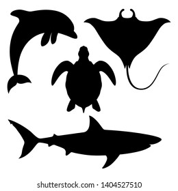 Sea animals set Icons. Dolphin, shark, turtle and manta ray black silhouettes isolated on white background. Sea life symbols. Vector illustration