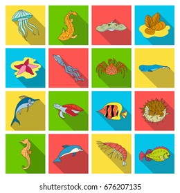 Sea animals set icons in flat style. Big collection of sea animals vector symbol stock illustration