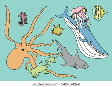 Sea Animals set, Isolated vector, marine fauna collection with ocean creatures for boys and girls summer baby shower, for creation and birthday designs