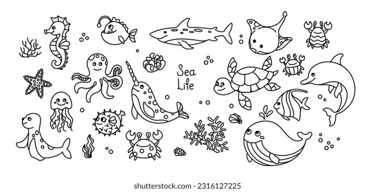 Sea animals, set of line illustration. Vector.