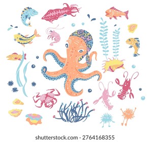 Sea animals set with octopus, fish, squid, crab, shrimp, oyster, urchin, mollusk, seashell, crawfish, coral, seaweed, water bubbles 