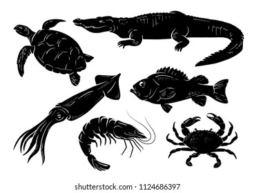 Sea animals set on white background. Vector illustration