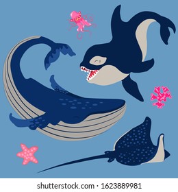 sea animals set, orca, whale, Stingray, vector illustration