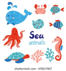 Sea animals set in red and blue colors. Doodle children drawings. Vector illustration. 